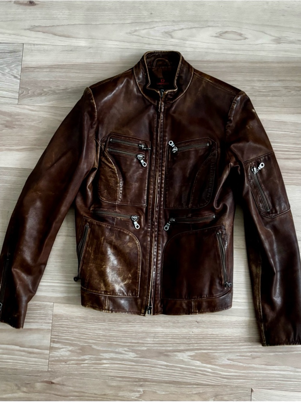Distressed Brown Leather double zip jacket